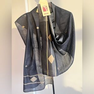 Fabindia NWT silk blend Jamdani scarf stole black beige handwoven geometric 70"
